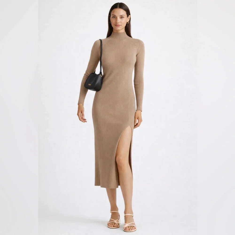 NWT Quince EcoKnit Ribbed Mick Neck Midi sweater dress in warm taupe colorway S - Picture 2 of 9